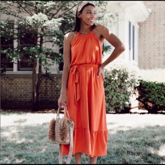 LOFT flounce halter maxi dress fully lined peach colour self tying belt medium - Picture 3 of 13